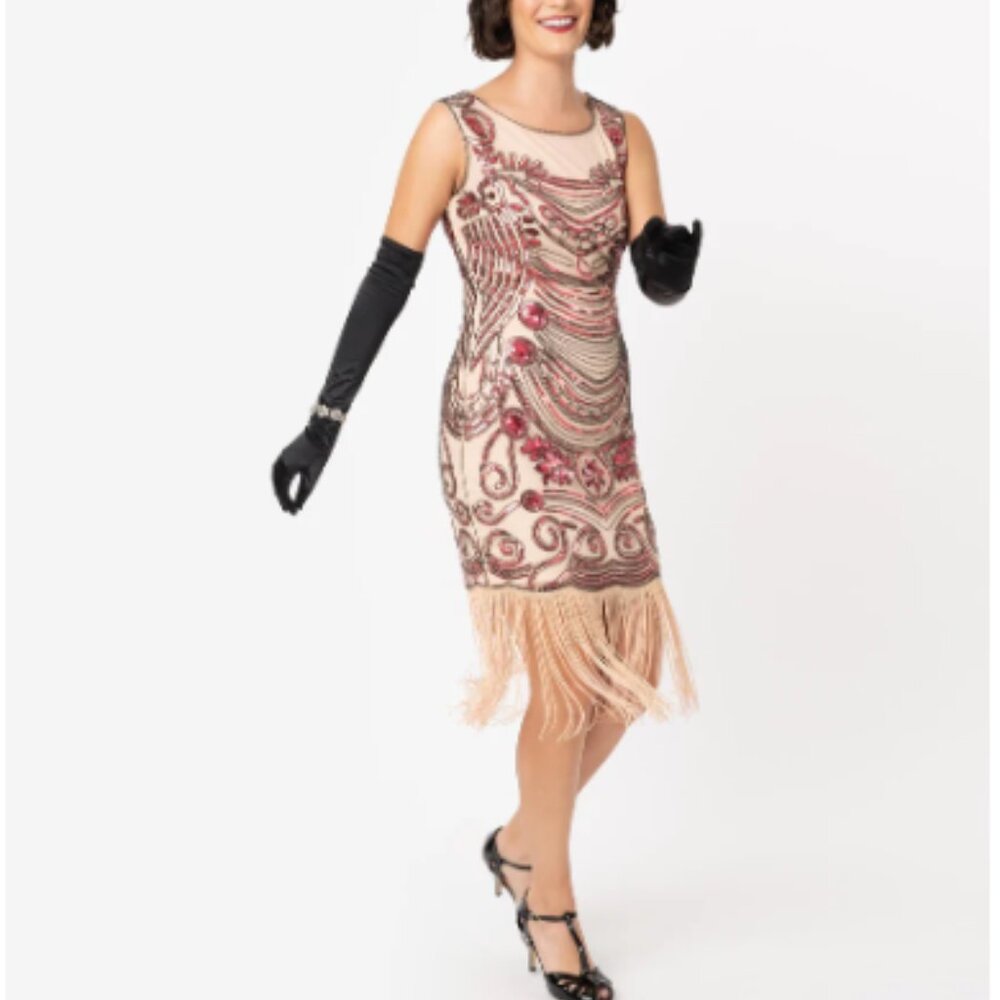 Unique Vintage 1920s Pink Beaded Yvette Fringe Cocktail Dress - L/10-12